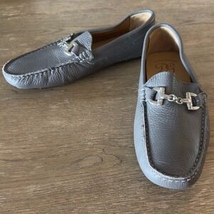 Creazioni Italian Gray Pebble-Grain Leather Driving Loafers-Silver Horsebit-Sz 9
